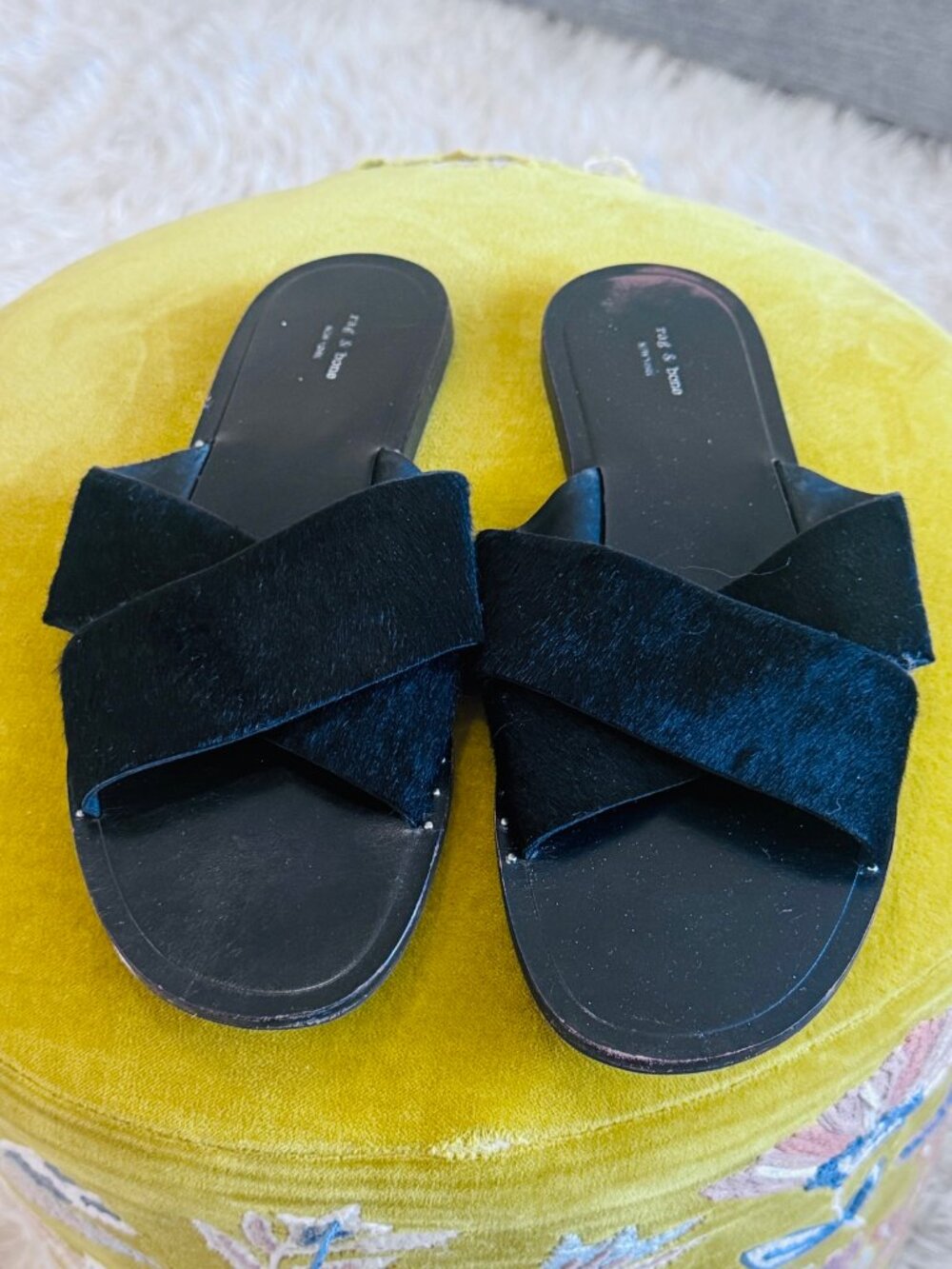Rag and Bone Black Pony Hair Crisscross Slides 41